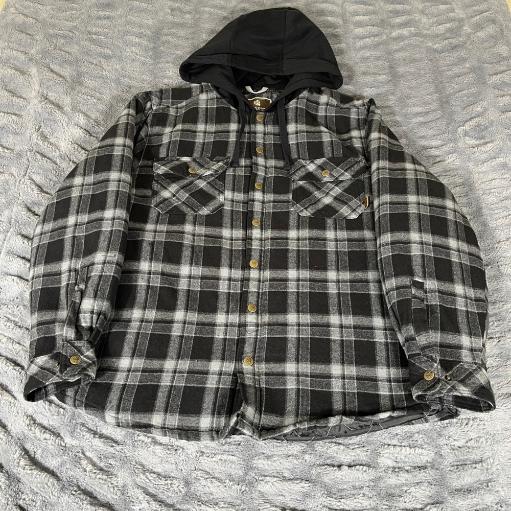 Legendary Outfitters Men XL Hooded Plaid Flannel Quilted Shirt Jacket Black Gray